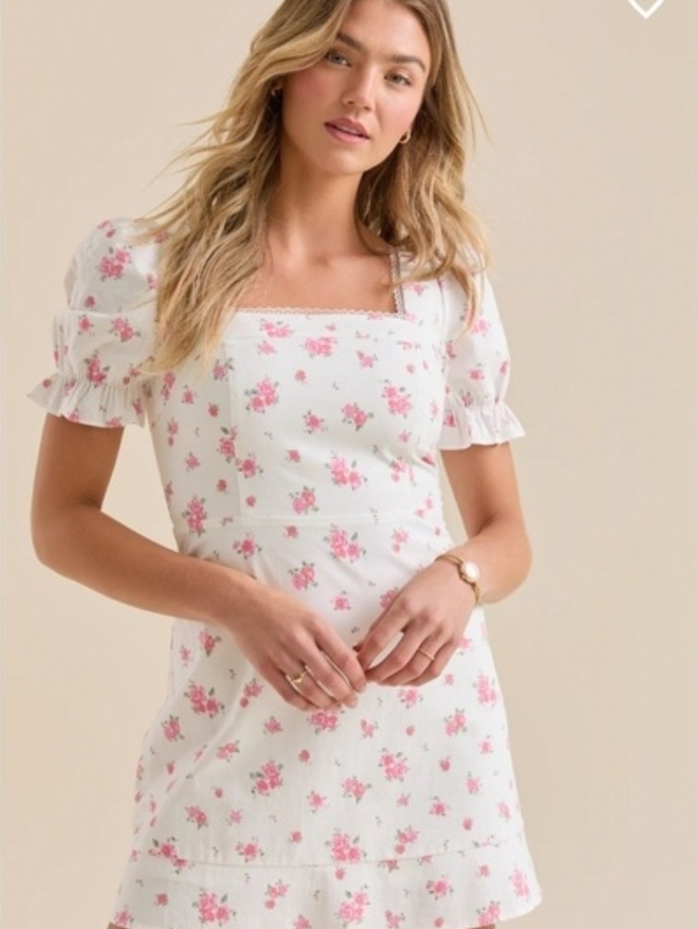 Floral Puff-Sleeve Mini Dress in White with Pink Roses D7